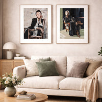 large contemporary prints for living room above white sofa