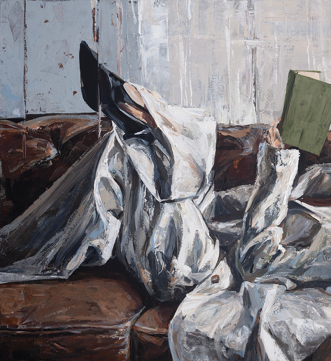 Acrylic painting depicting a person reclining on a brown leather couch, draped in a white shirt, holding a green book. The background features a textured white wall with vertical brushstrokes.