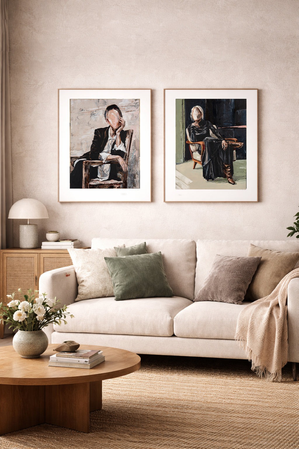 large contemporary prints for living room above white sofa