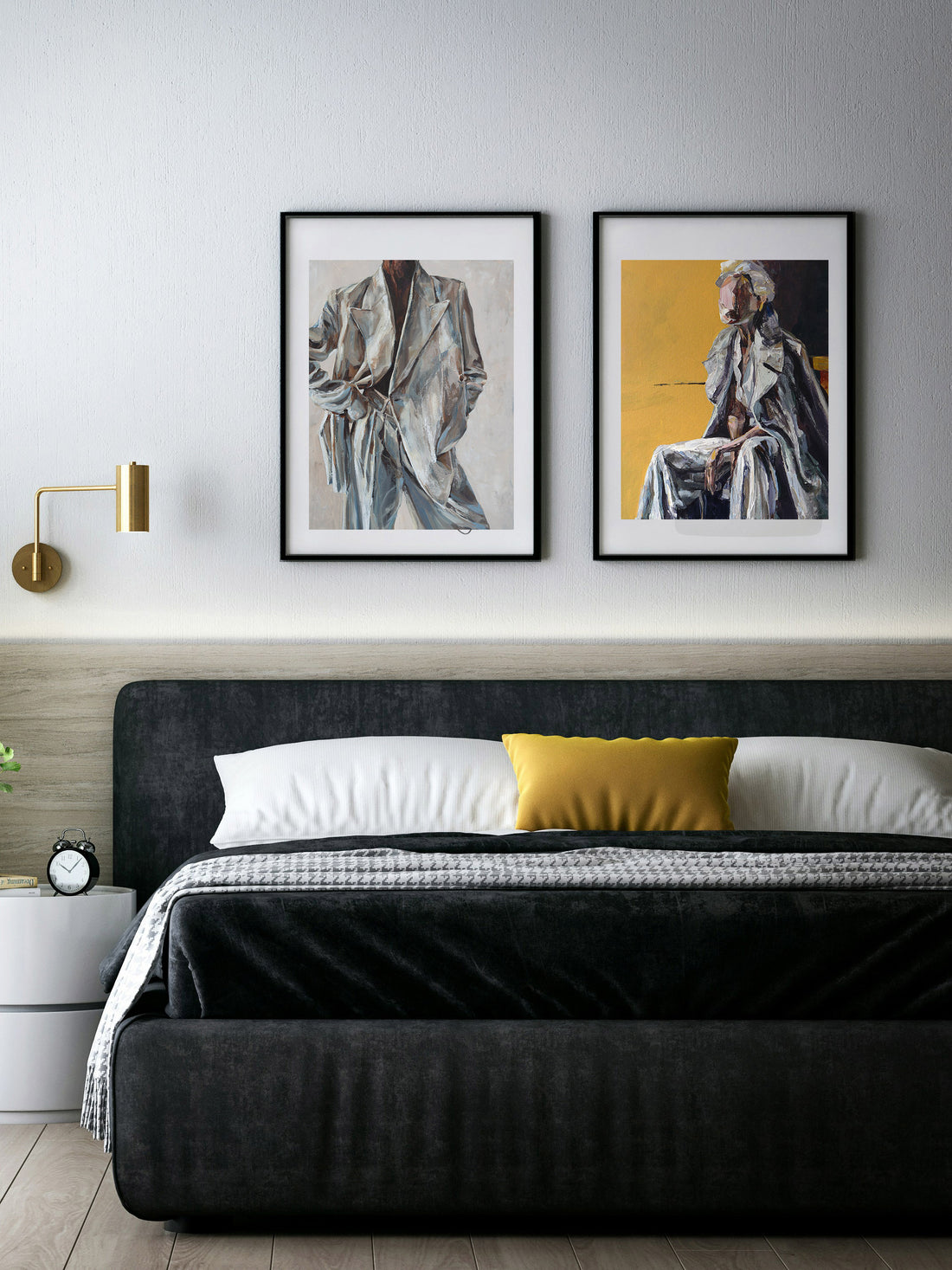 Modern bedroom with a bed, nightstands, and wall art.