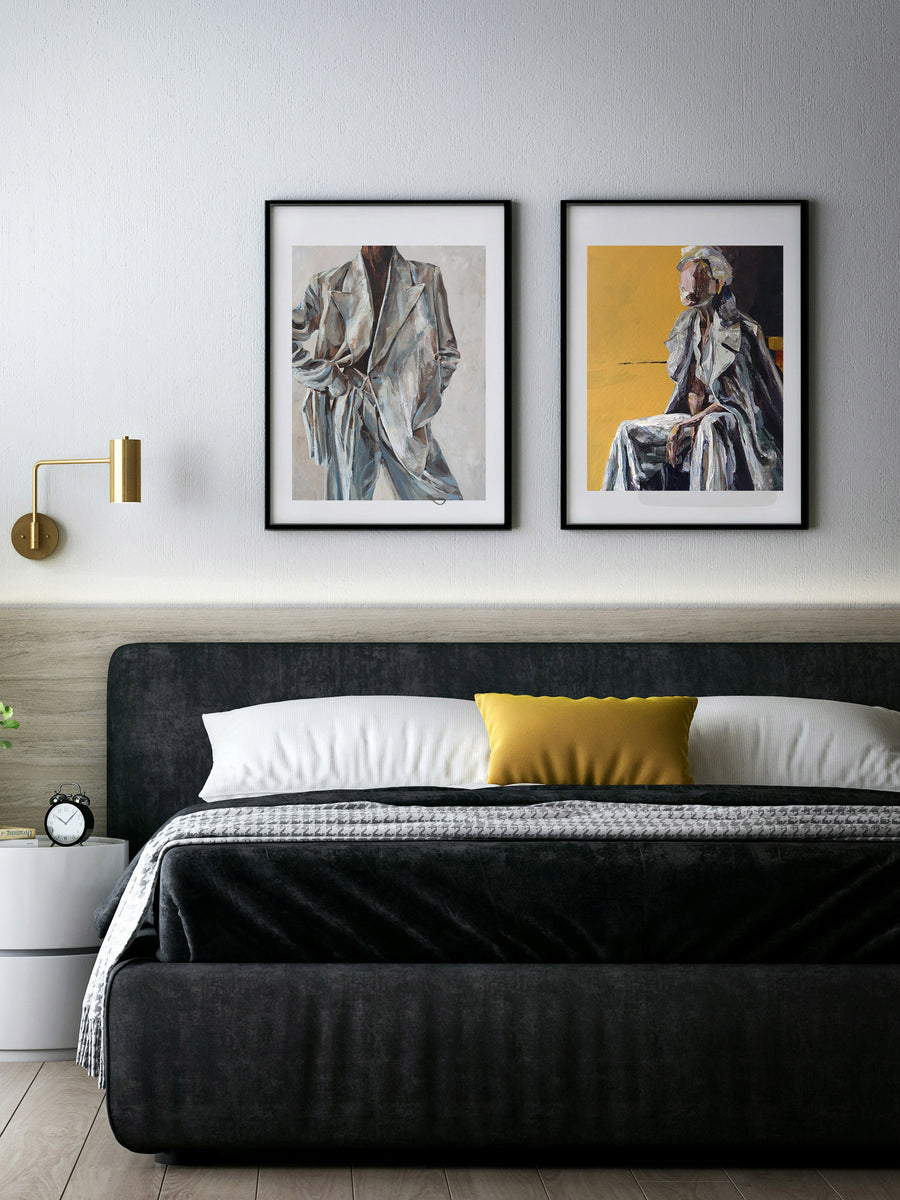 Modern bedroom with a bed, nightstands, and wall art.